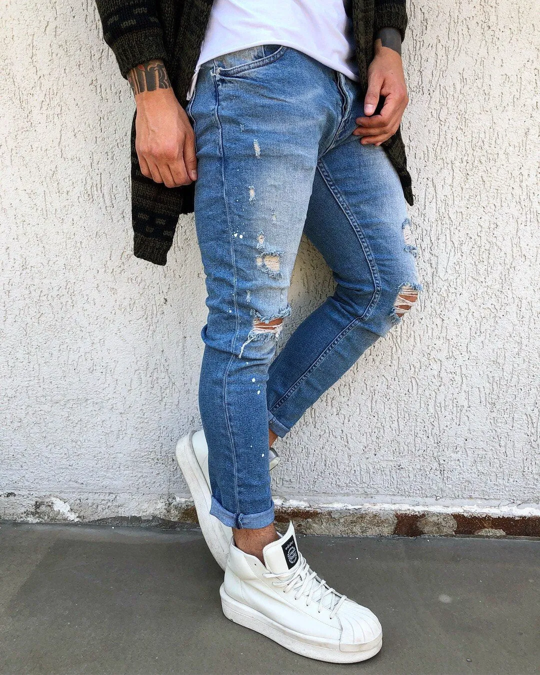 Sneakerjeans - Blue Washed Ripped Skinny Jeans B267 Mens Jeans