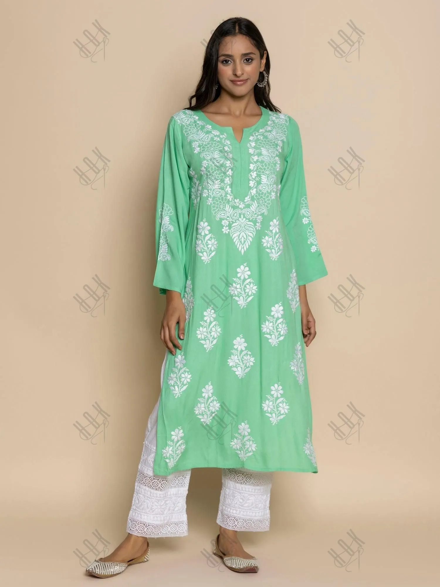 Tarika in Hand Embroidered Chikankari Kurta in Sea Green