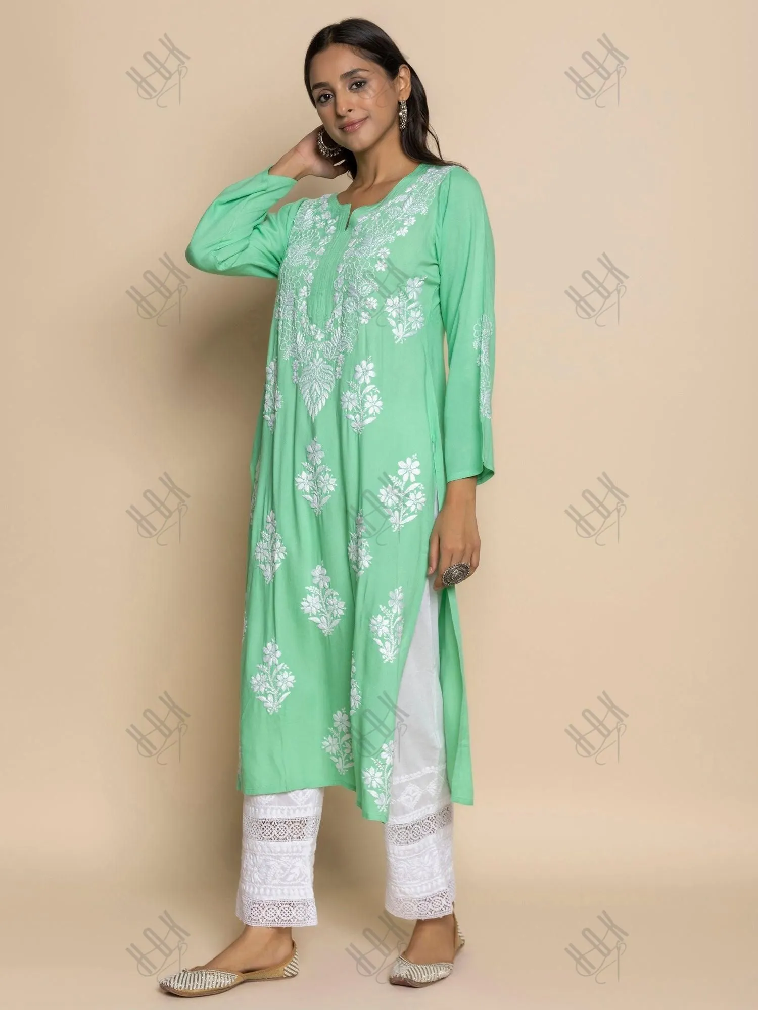 Tarika in Hand Embroidered Chikankari Kurta in Sea Green