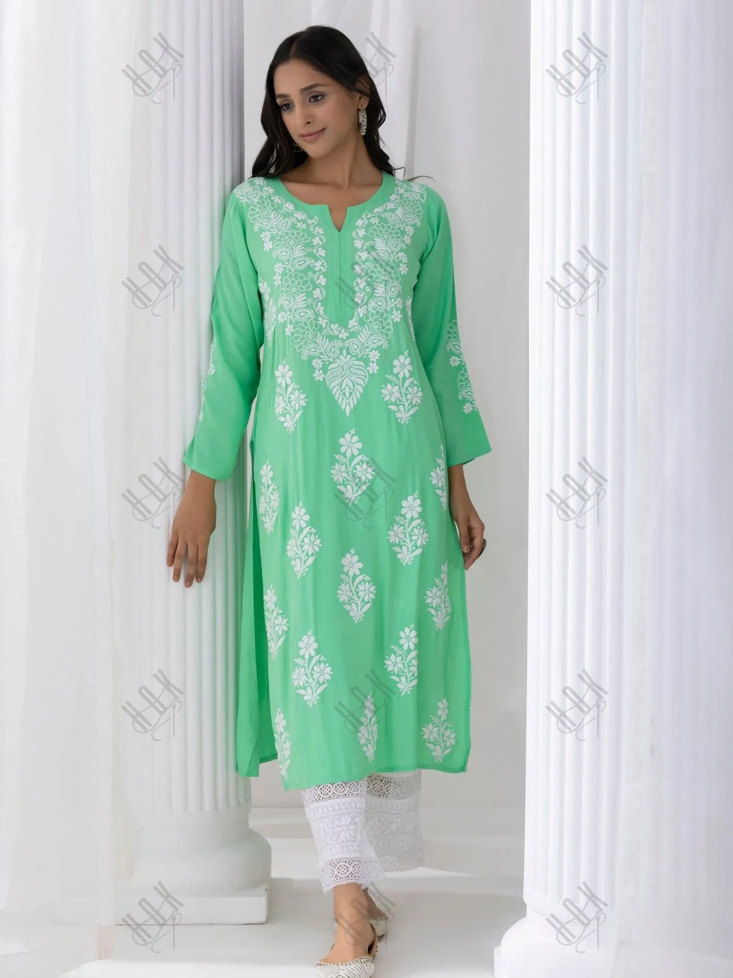 Tarika in Hand Embroidered Chikankari Kurta in Sea Green