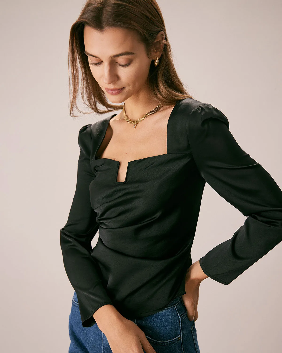 The Black Square Neck Ruched Satin Blouse