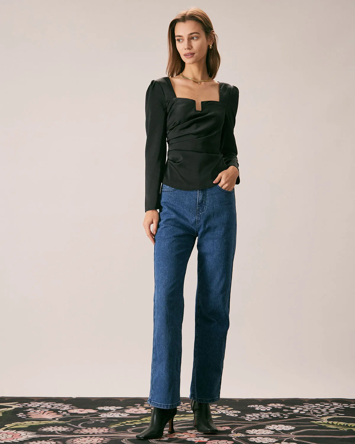 The Black Square Neck Ruched Satin Blouse