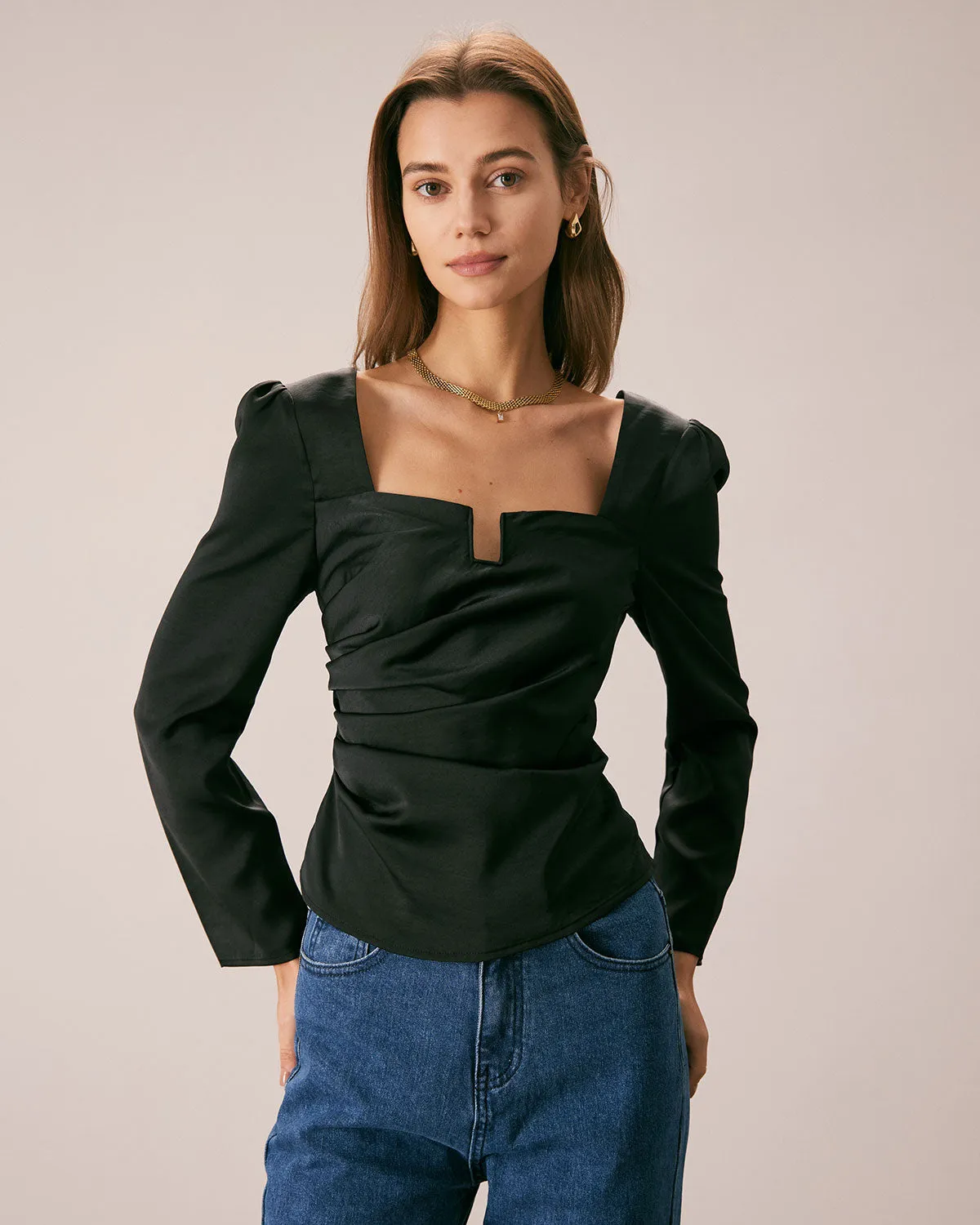 The Black Square Neck Ruched Satin Blouse