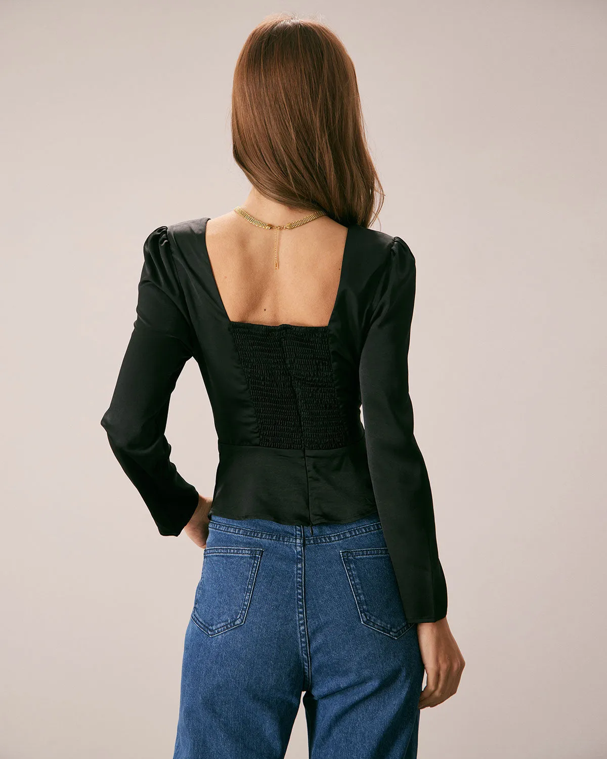 The Black Square Neck Ruched Satin Blouse