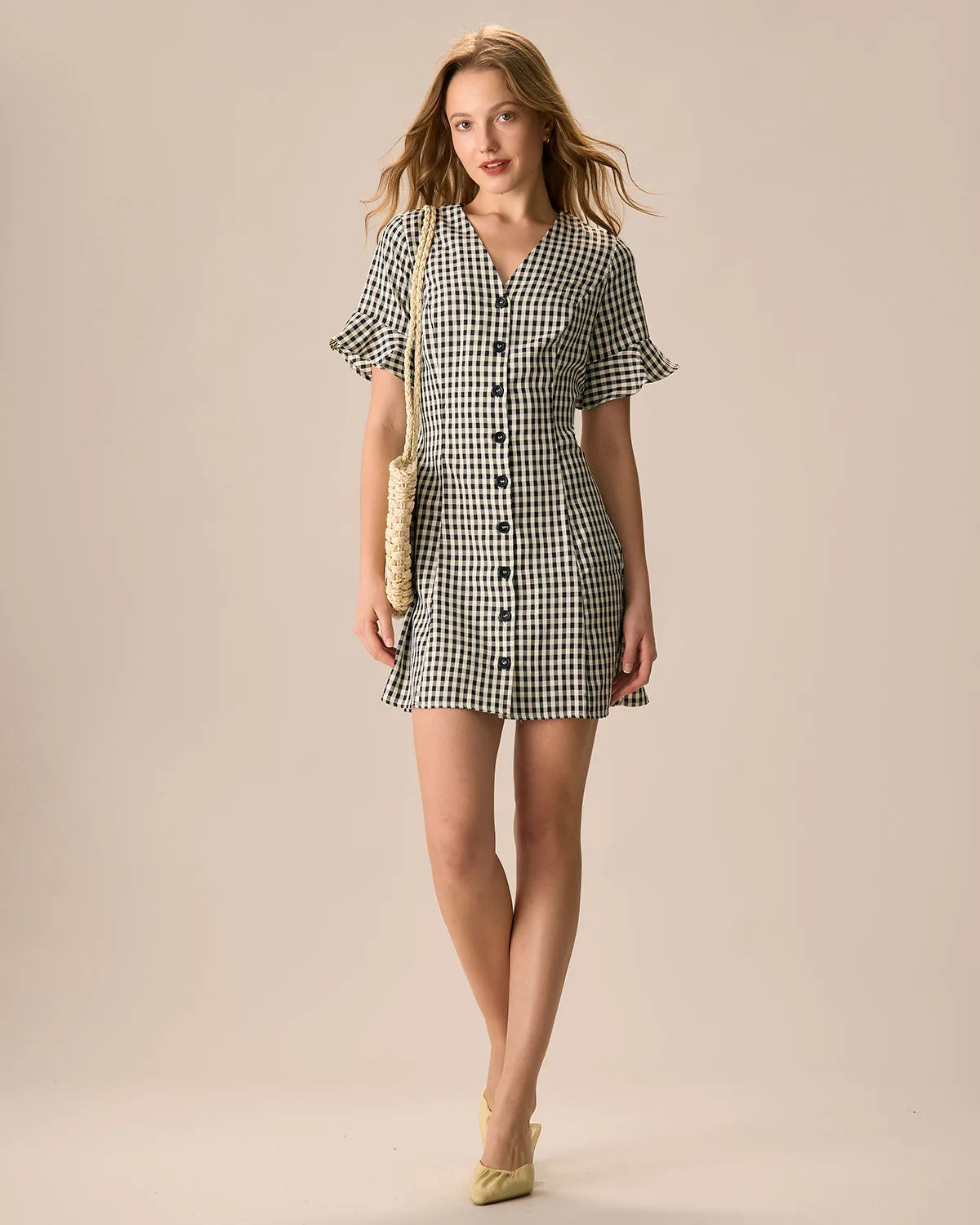 The Black V Neck Plaid Cotton Mini Dress