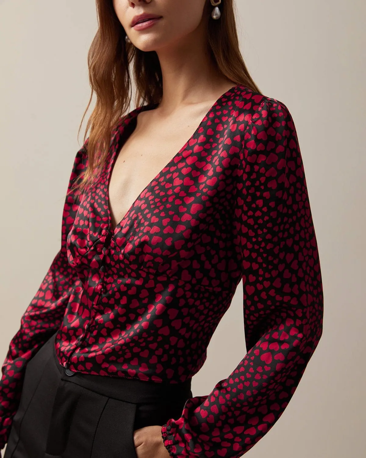 The Red V Neck Heart Print Crop Blouse