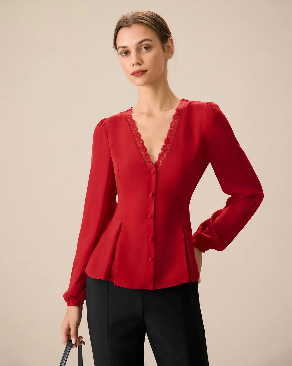 The Red V Neck Lace Trim Button Blouse