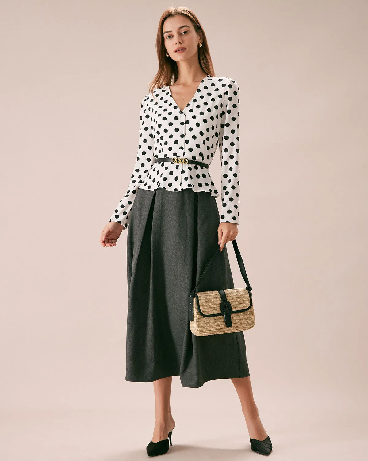 The White V Neck Button Polka Dot Blouse