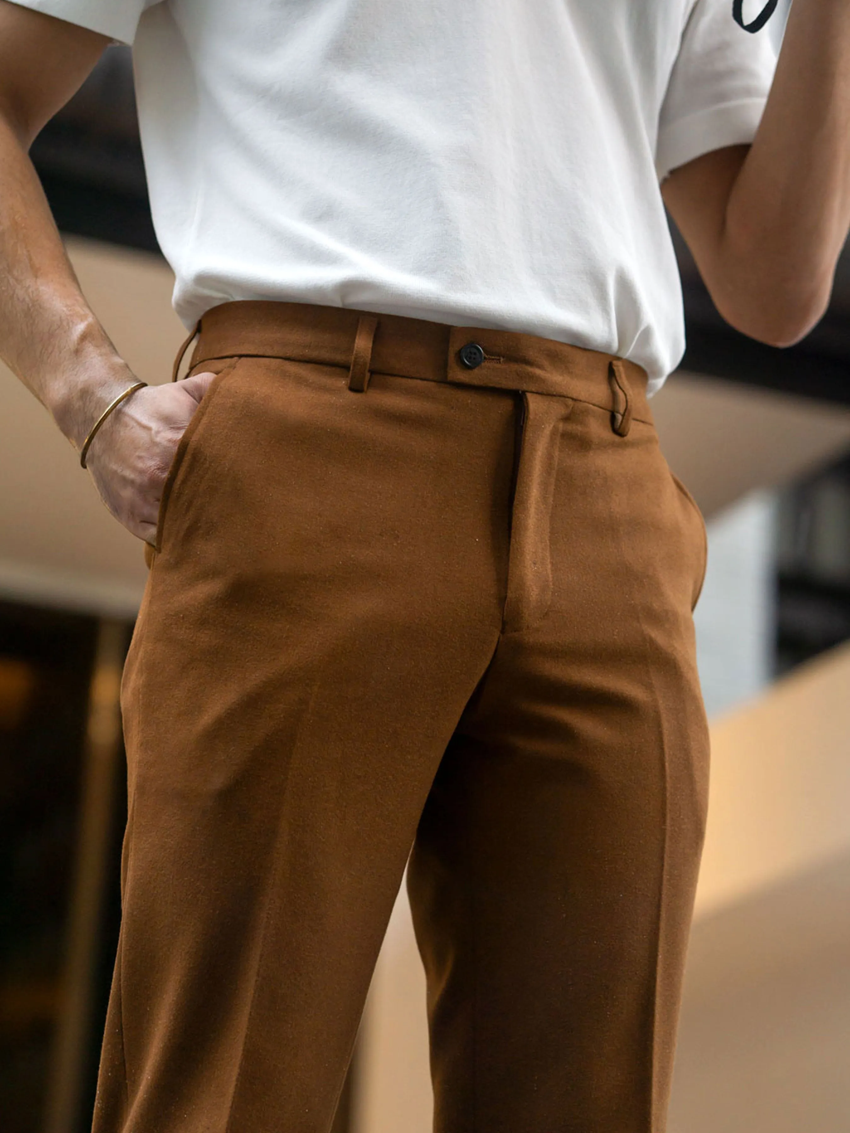 Trousers With Belt Loop - Cinnamon Textured Plain (Stretchable)