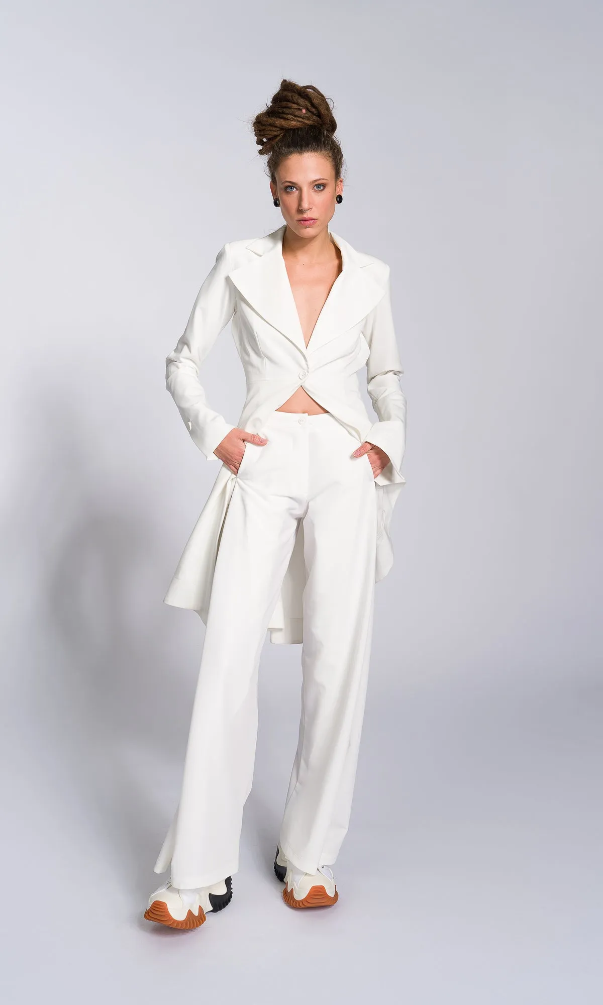 Two-piece Set of Asymmetric Buttoned Blazer and Wide Leg Pants