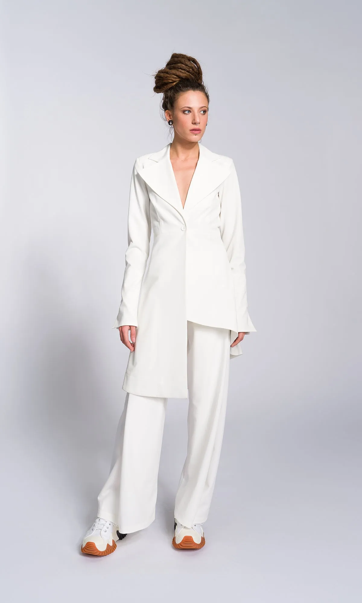 Two-piece Set of Asymmetric Buttoned Blazer and Wide Leg Pants