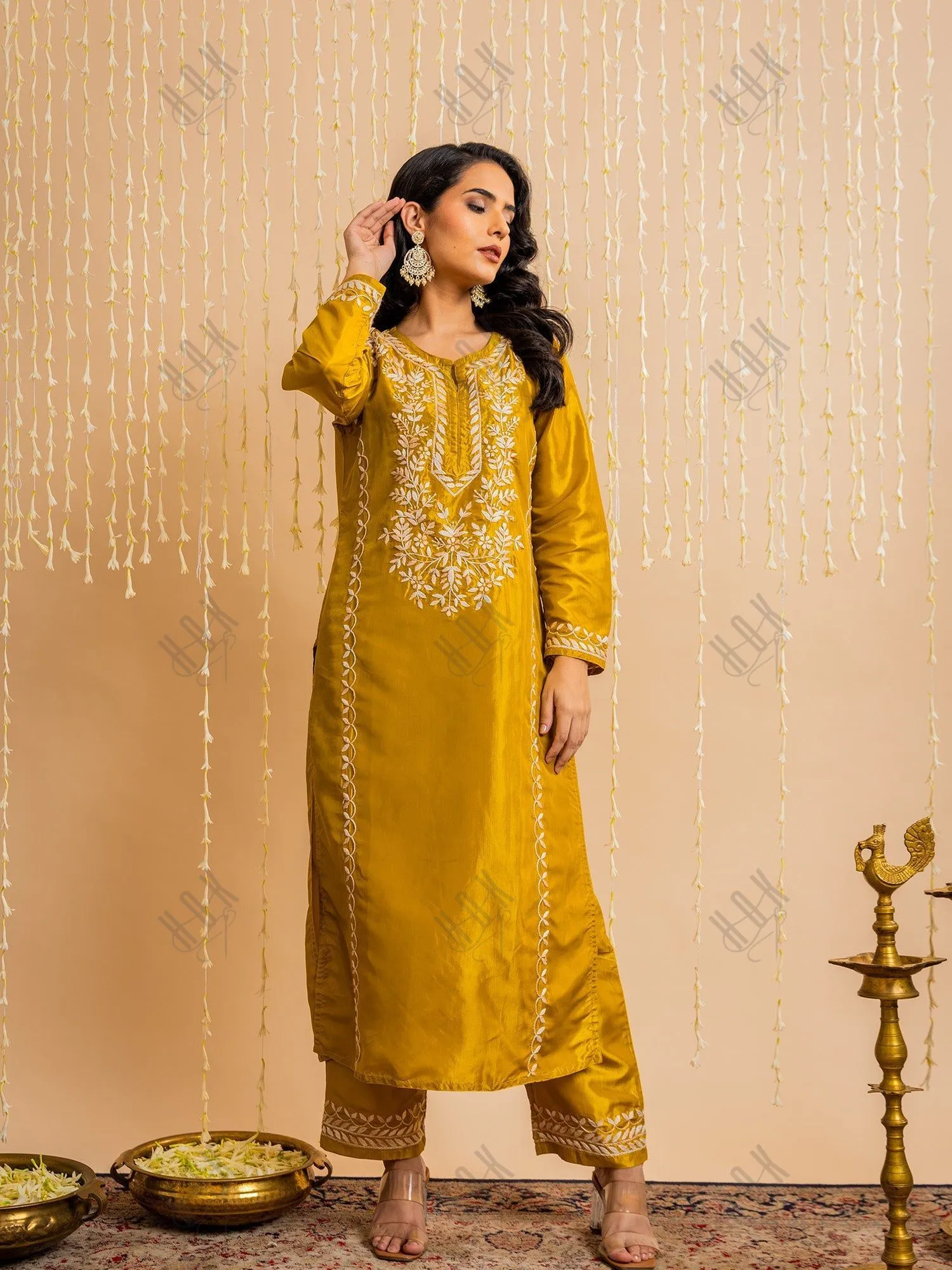 Urmi in Silk Chikankari Kurta Set for Women - Mustard Yellow