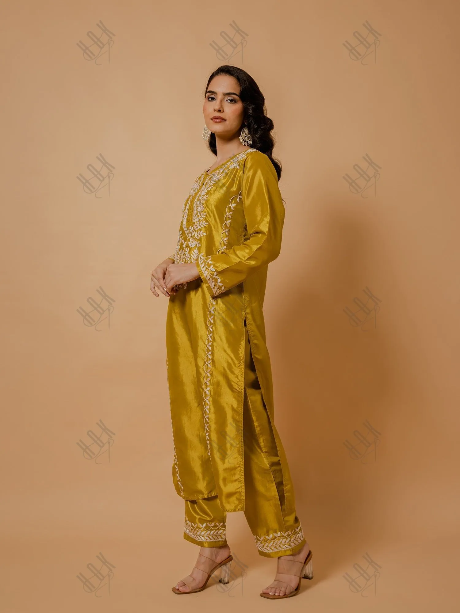 Urmi in Silk Chikankari Kurta Set for Women - Mustard Yellow