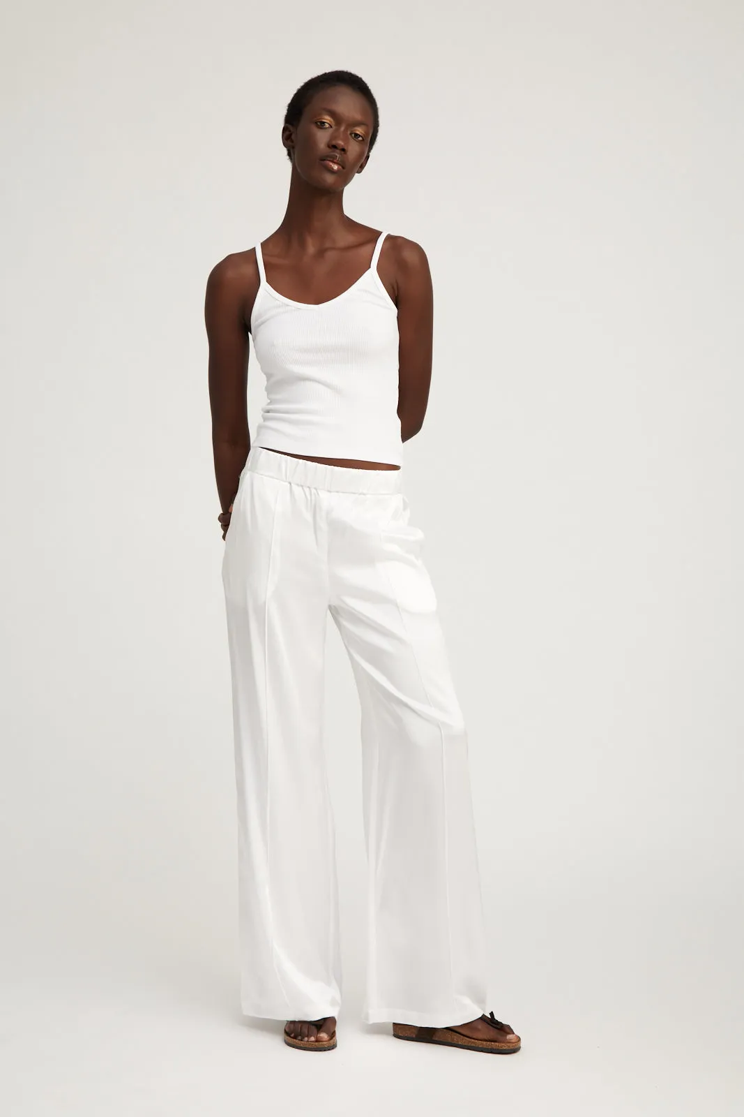 White Silk Wide Leg Pintuck Pants