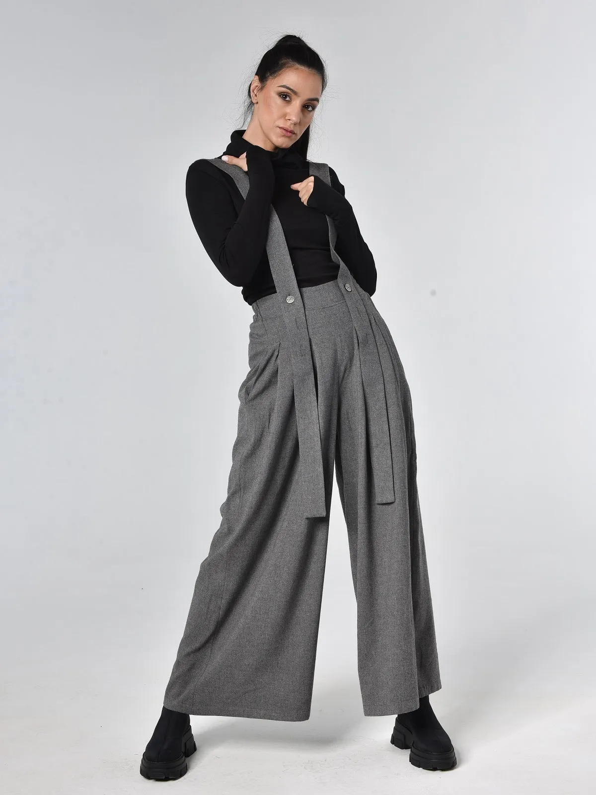 Wide-Leg Wool Pants With Suspenders