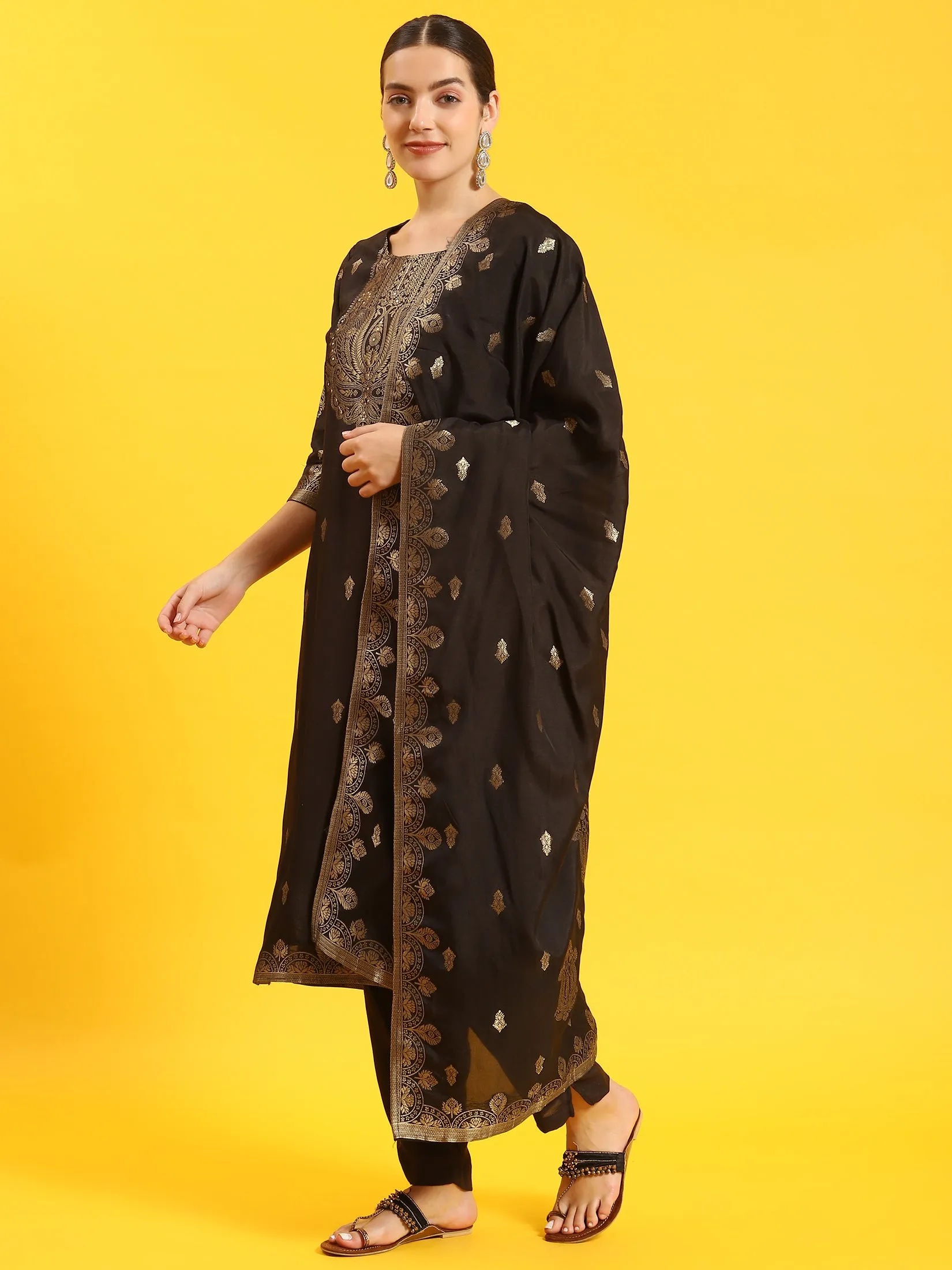 Women Black Printed Kurta Trouser Dupatta