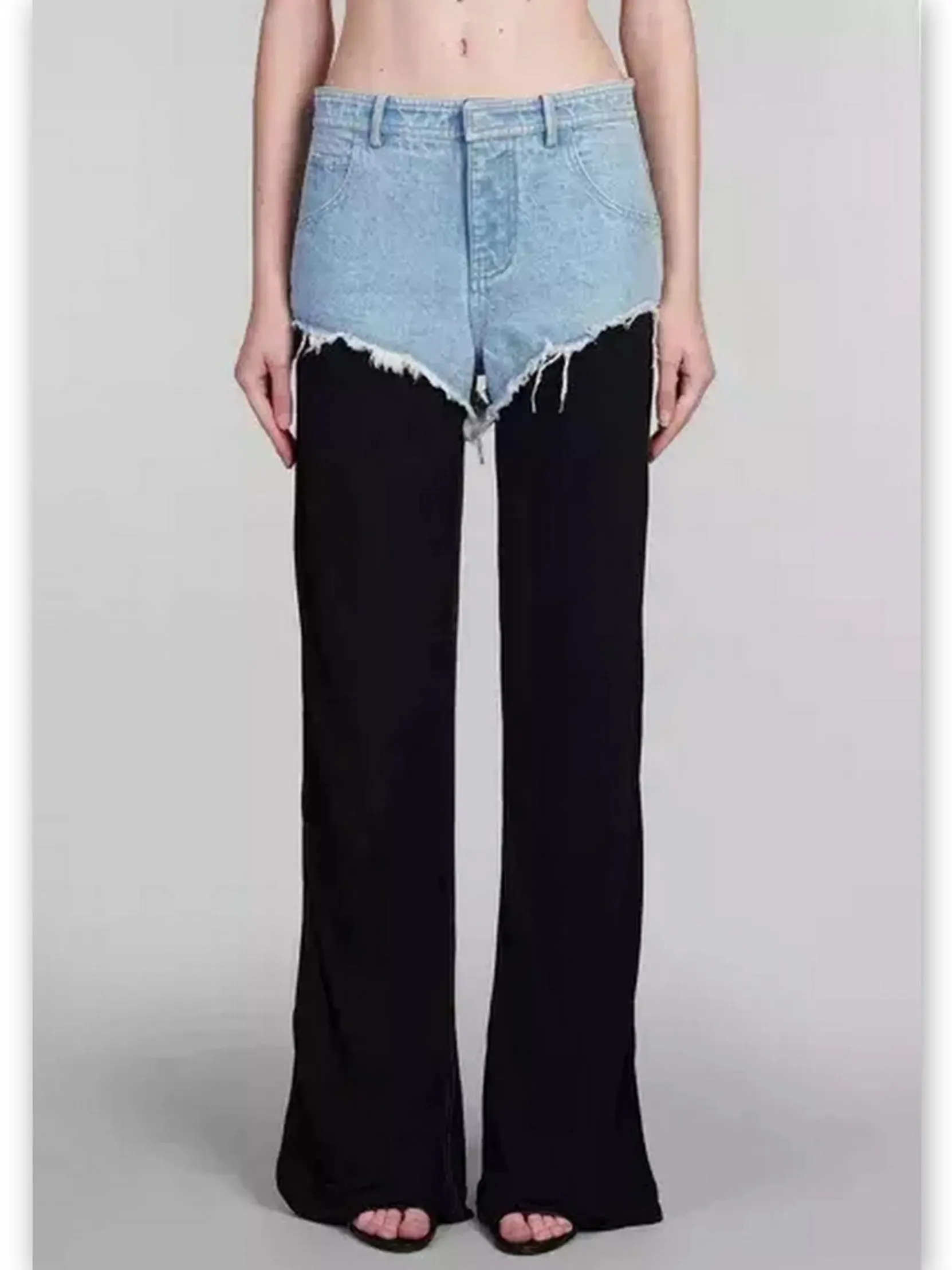 Women’s Black and Blue Denim Frayed Detail Mid-Rise Straight-Leg Pants