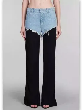 Women’s Black and Blue Denim Frayed Detail Mid-Rise Straight-Leg Pants