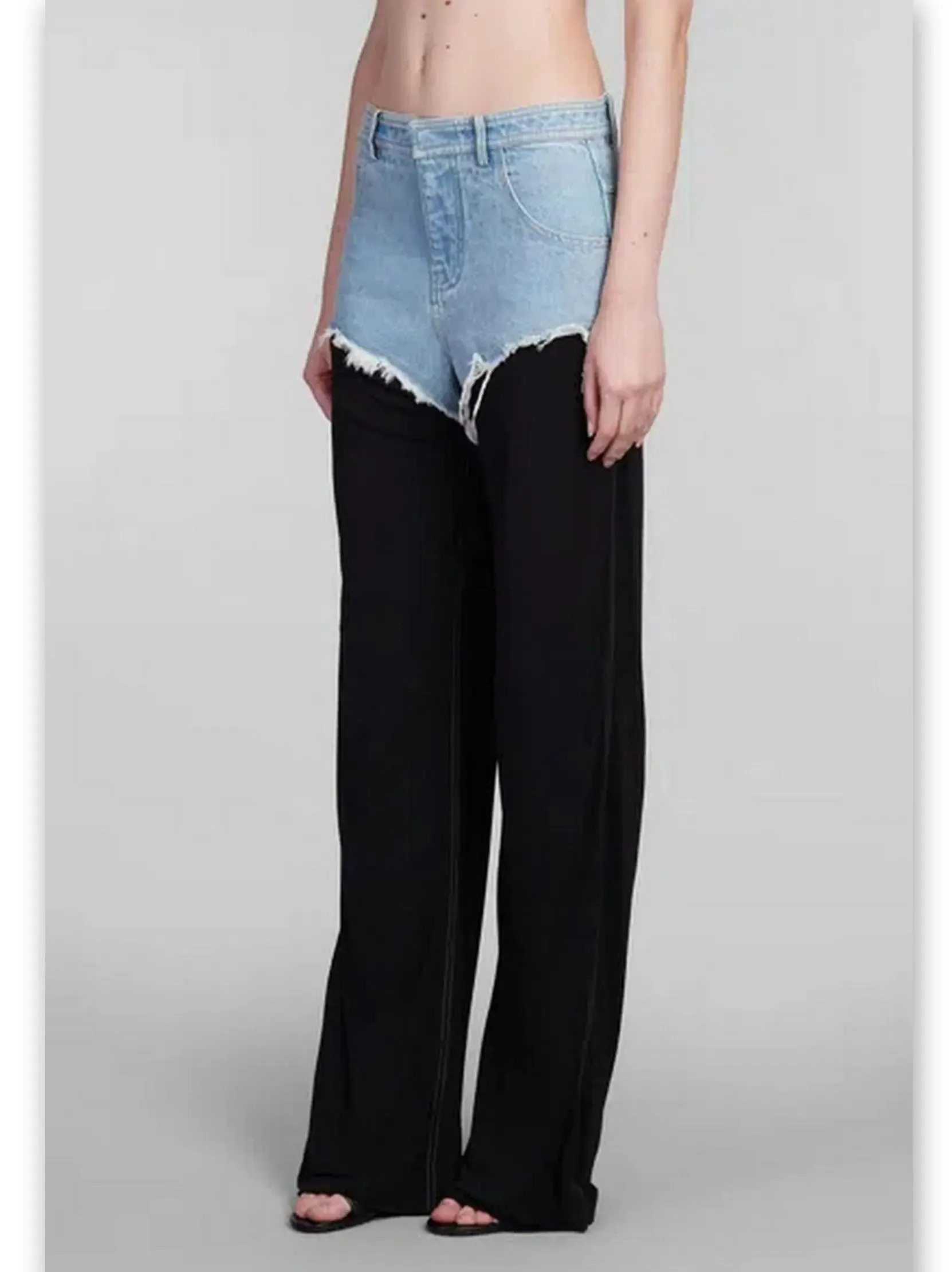 Women’s Black and Blue Denim Frayed Detail Mid-Rise Straight-Leg Pants