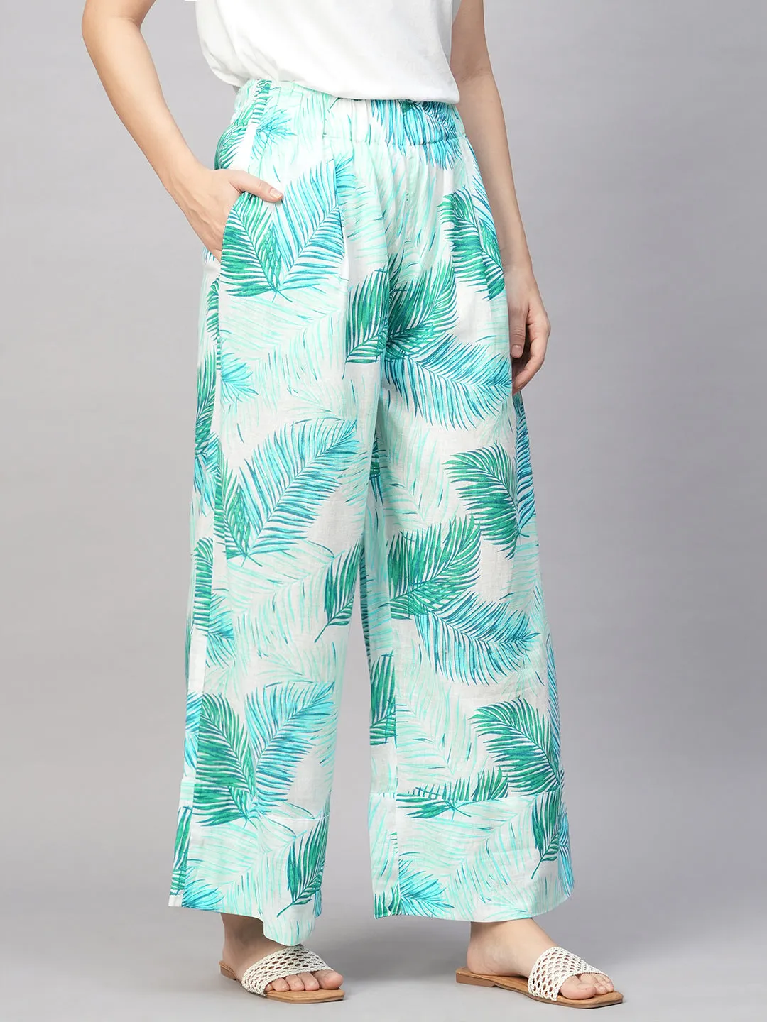 Women's Blue Cotton Flax Wide Leg Pant