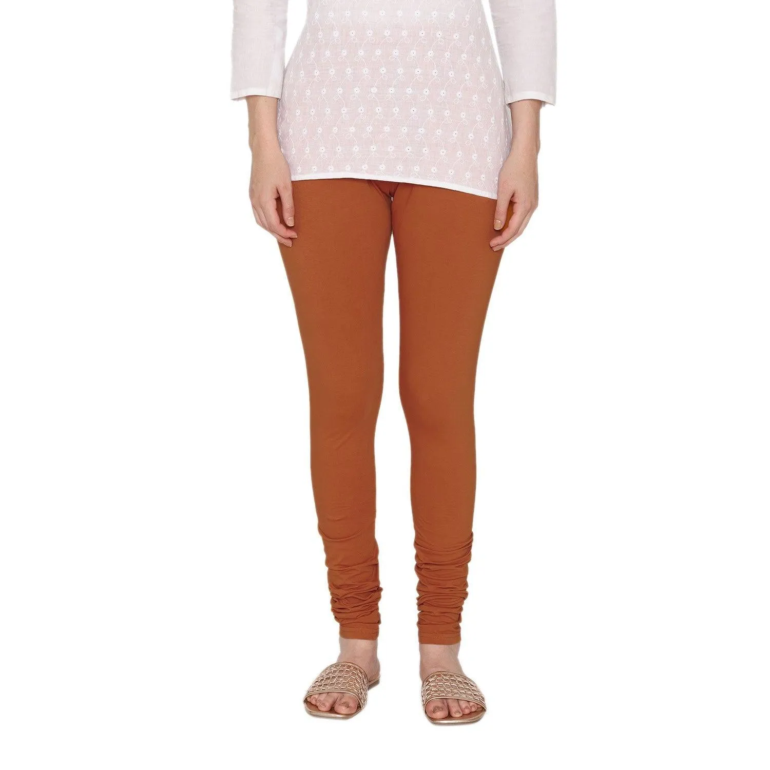 Women's Cotton Churidar Leggings (Free Size) - Apricot Orange