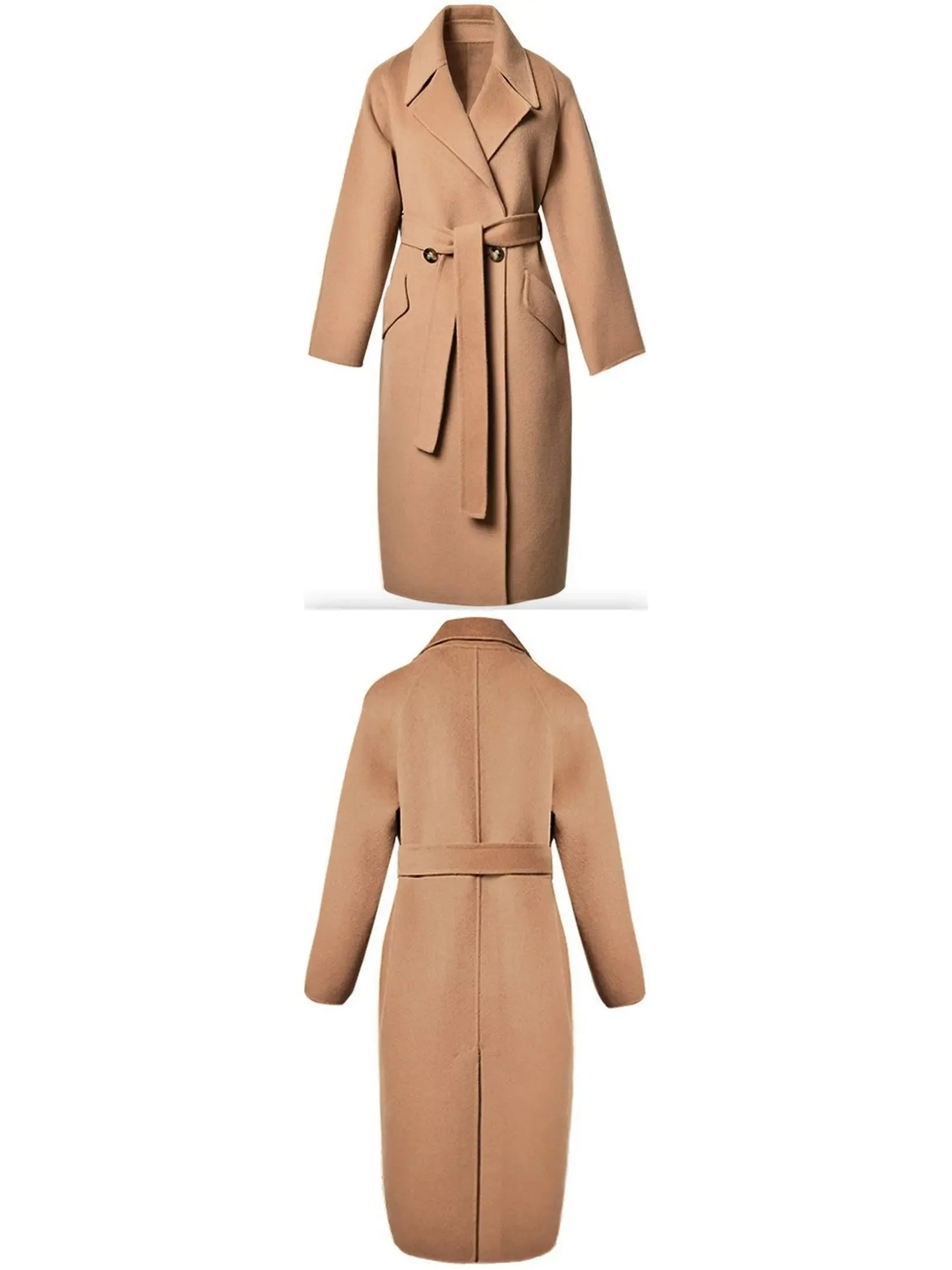 Women’s Double-Breasted Belted Wool Coat, Camel