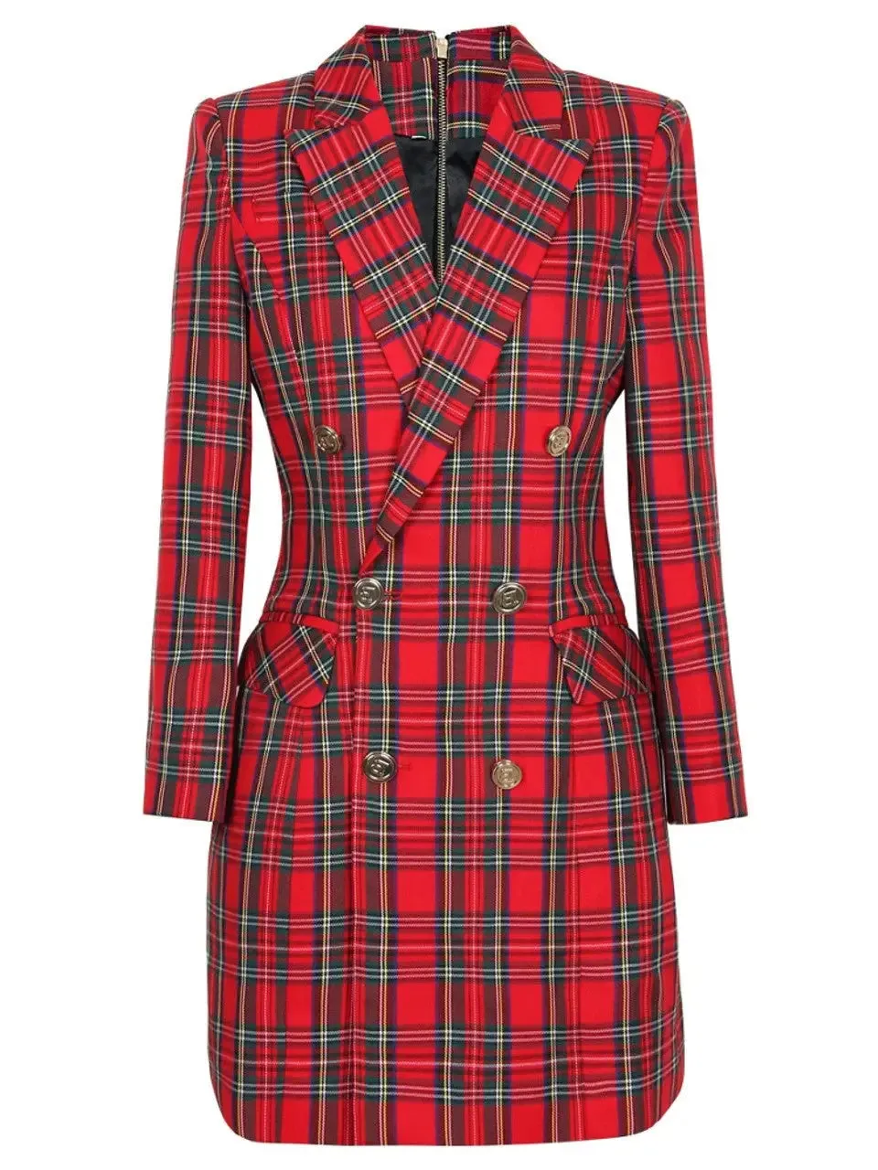 Women’s Double-Breasted Red Tartan Blazer-Dress