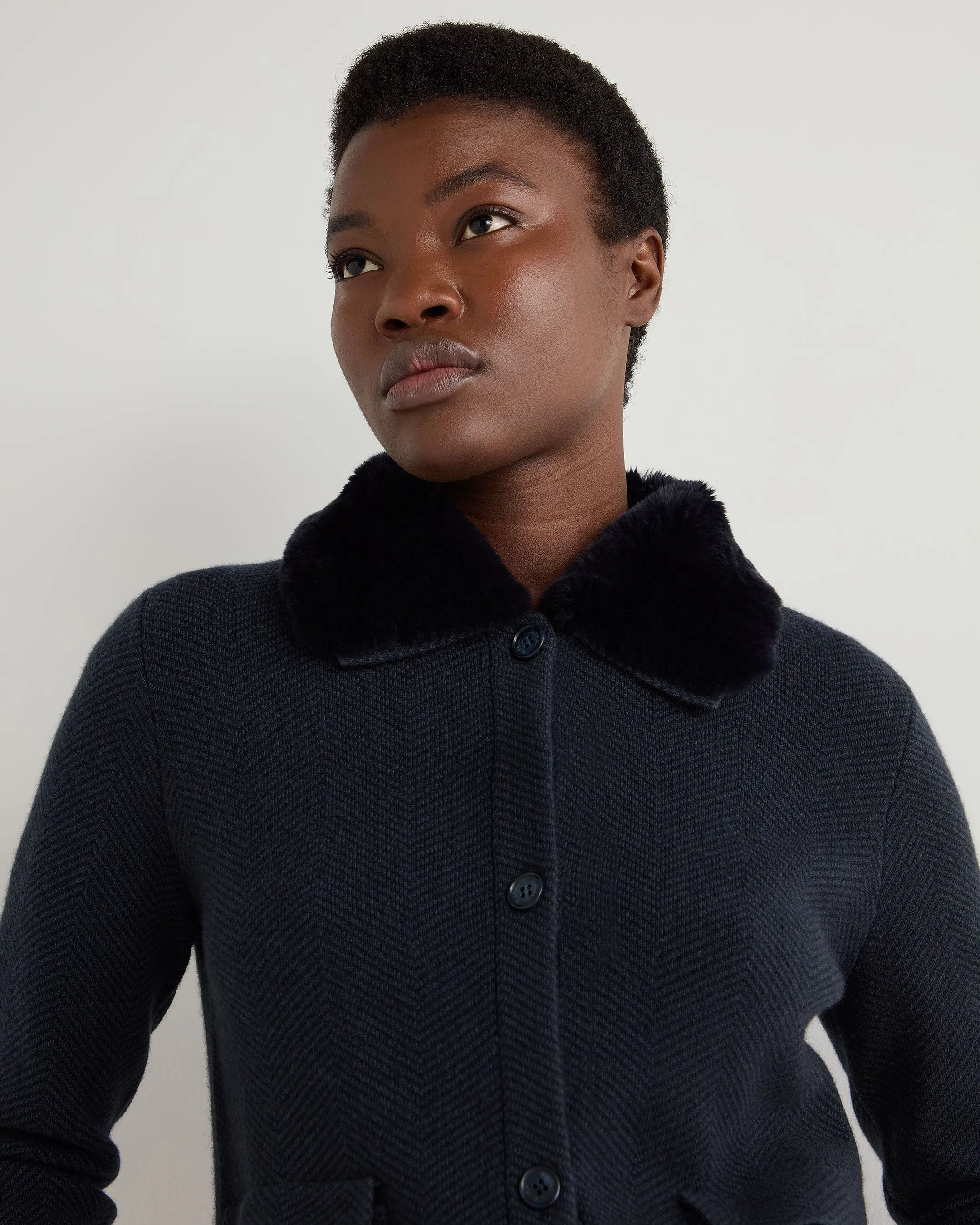 Women's Herringbone Cashmere Jacket with Fur Trim Navy Blue