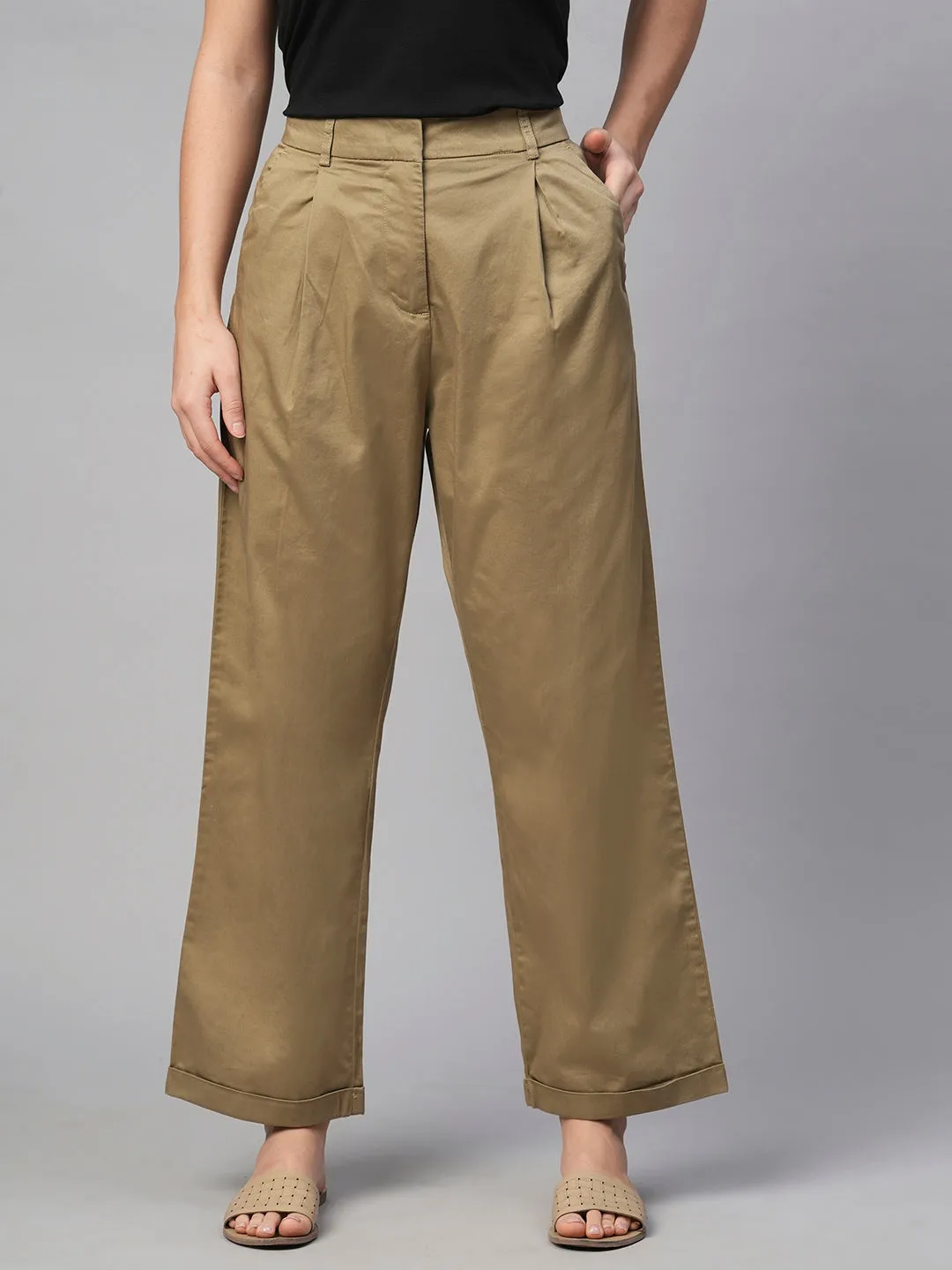 Women's Khaki Cotton Elastane Straight Fit Pant