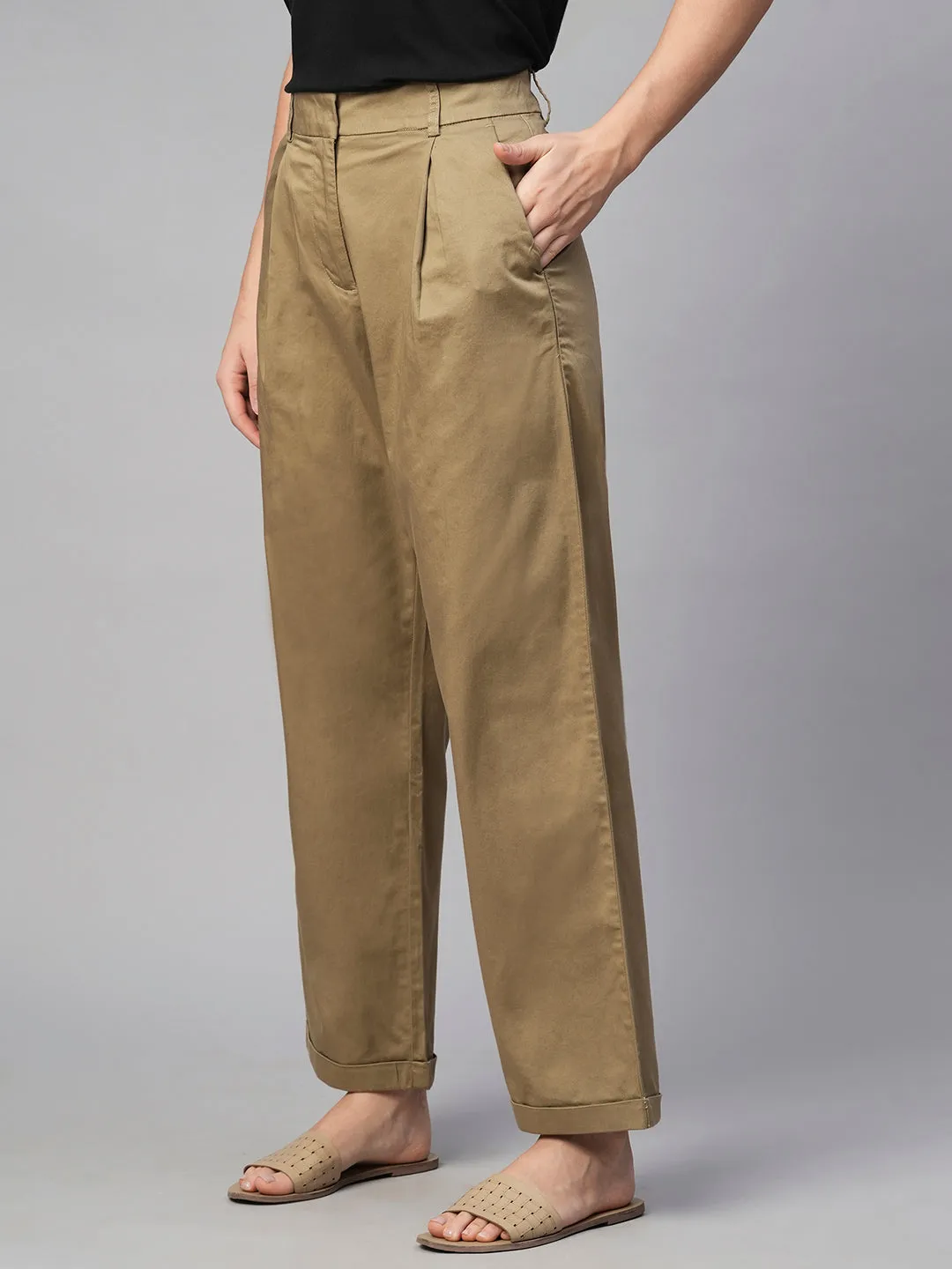 Women's Khaki Cotton Elastane Straight Fit Pant