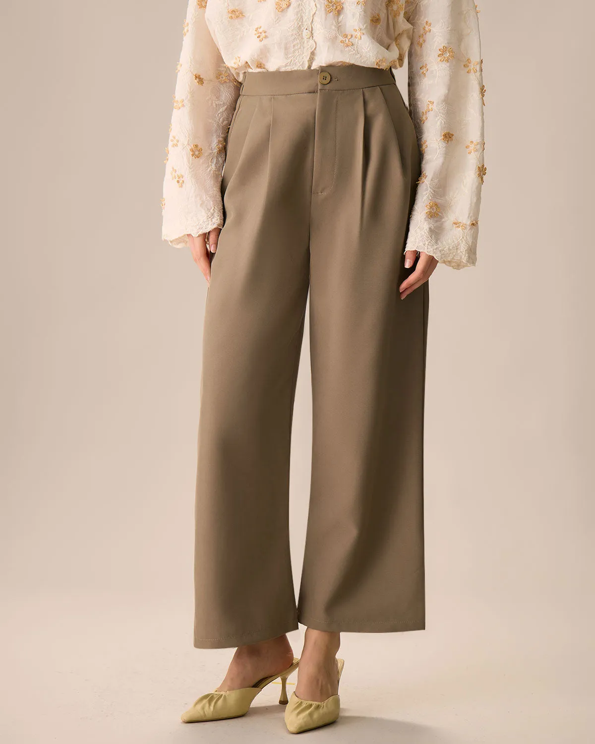 Women's Khaki High Waisted Wide-Leg Pants