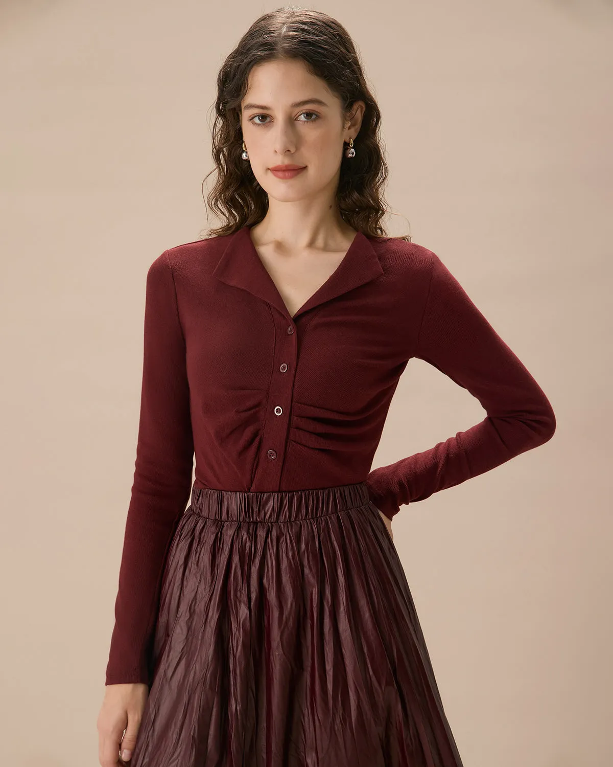 Women's Red Ruched Single-breasted Cardigan