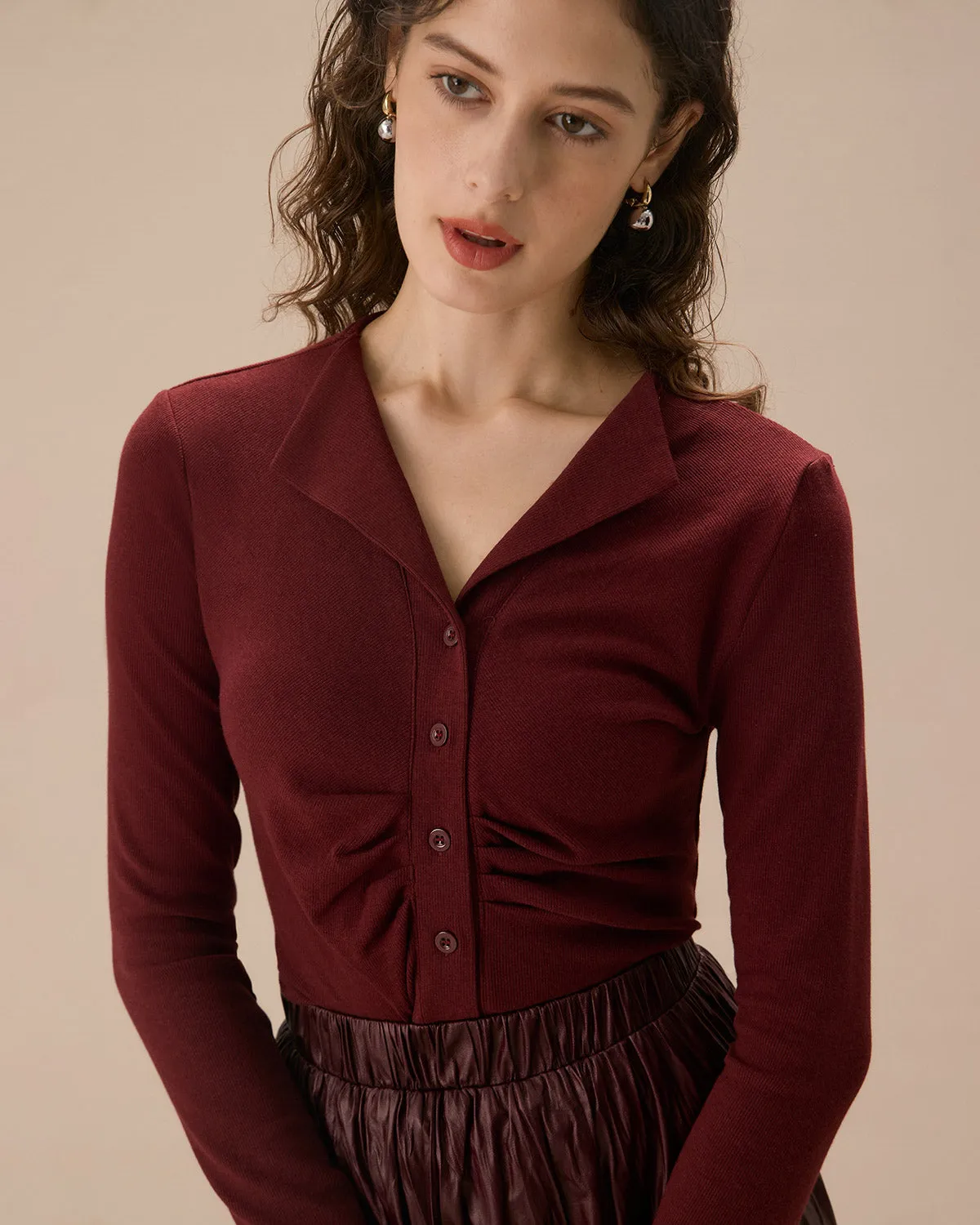 Women's Red Ruched Single-breasted Cardigan