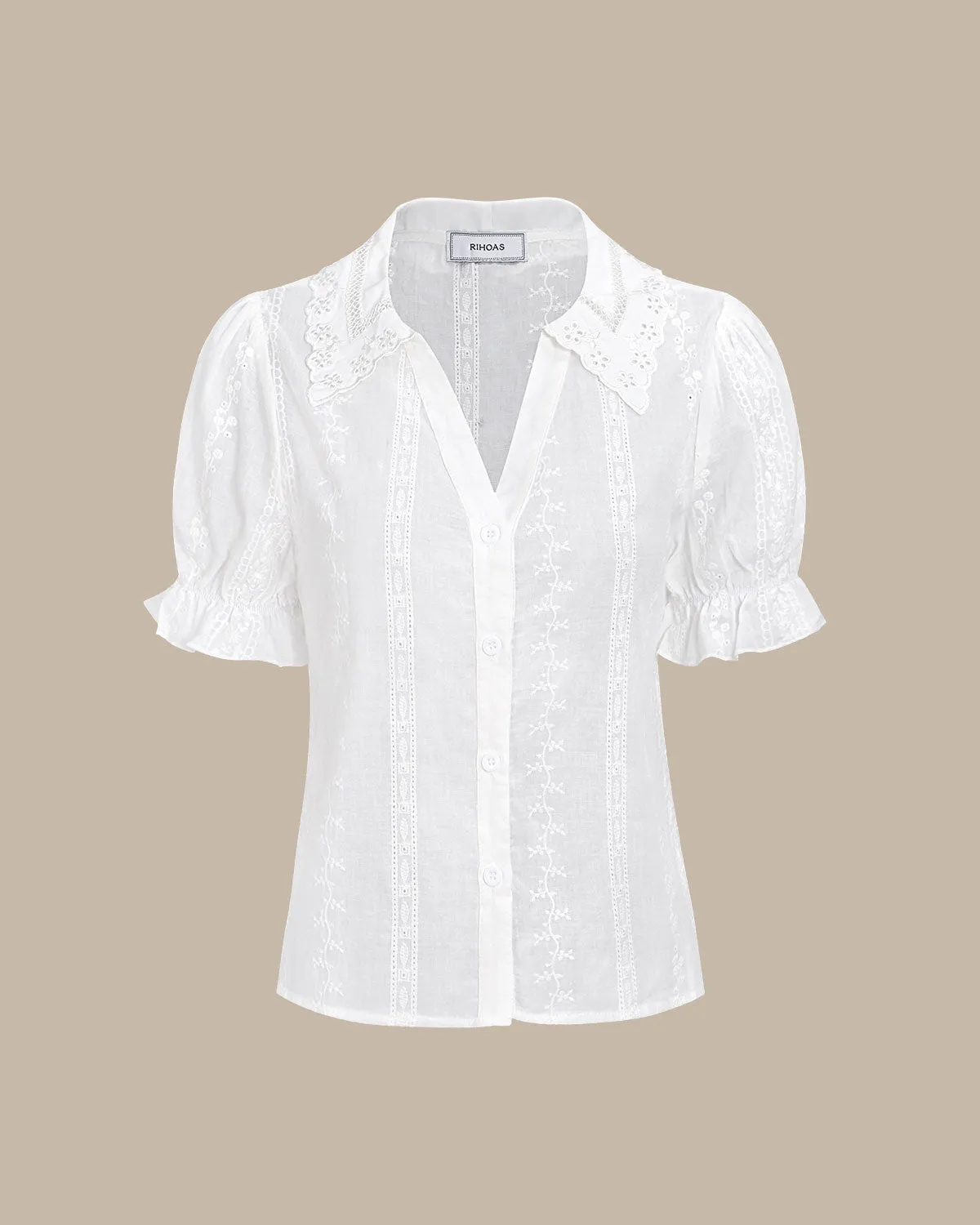 Women's White Collared Lace Embroidery Cotton Blouse